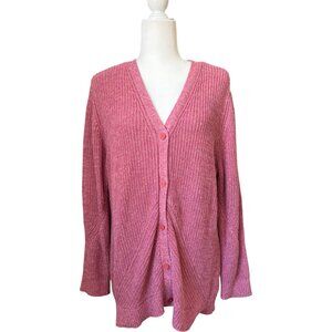 Women's Ribbed Marled Cotton Open Cardigan Sweater Pink 1X (16-18W)